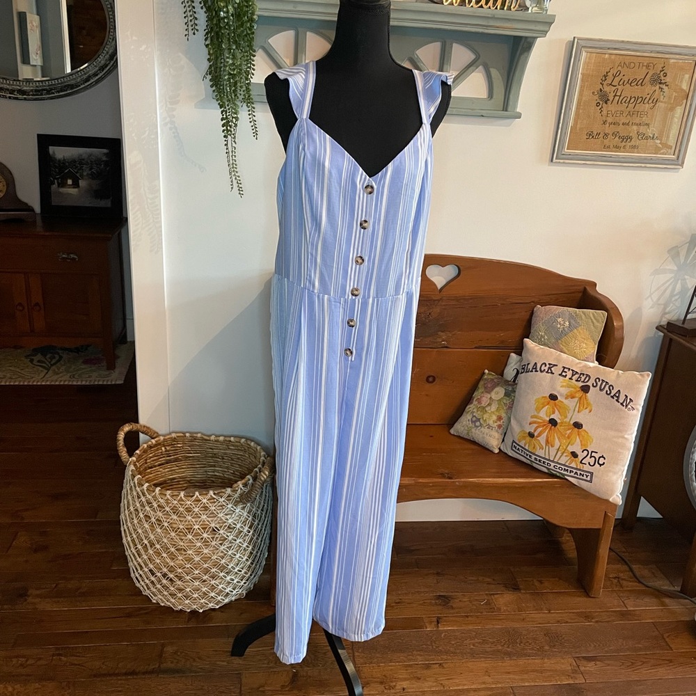 Candie's Blue and White Striped Button-Front Jumpsuit